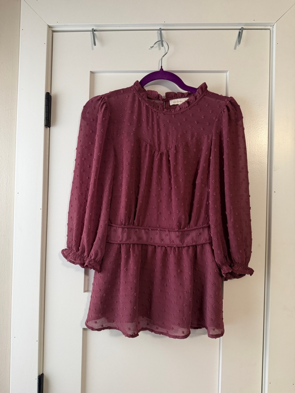 Monteau Plum Swiss Dot Long Sleeve Blouse